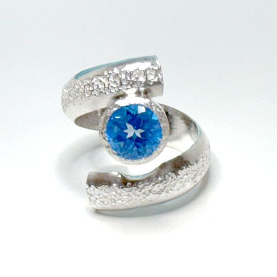 Argentium® Silver 2 Carat Dark Blue Topaz Spiral Textured Ring - Puzzled | Handmade by California Jewelry Artist Lisa Ramos
