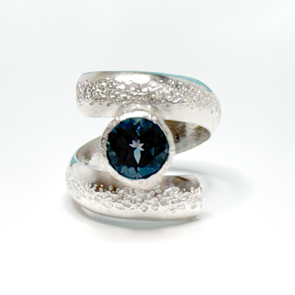 Argentium® Silver 2 Carat London Blue Topaz Spiral Textured Ring | Handmade by California Jewelry Artist Lisa Ramos