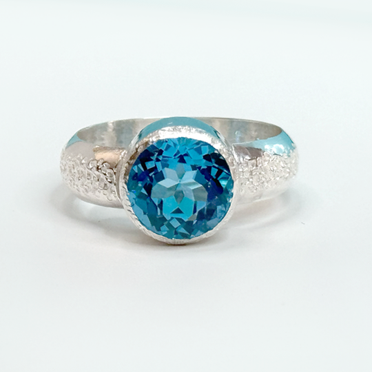 Argentium® Silver 3.5 Carat Blue Topaz Textured Ring Band | Handmade by California Jewelry Artist Lisa Ramos