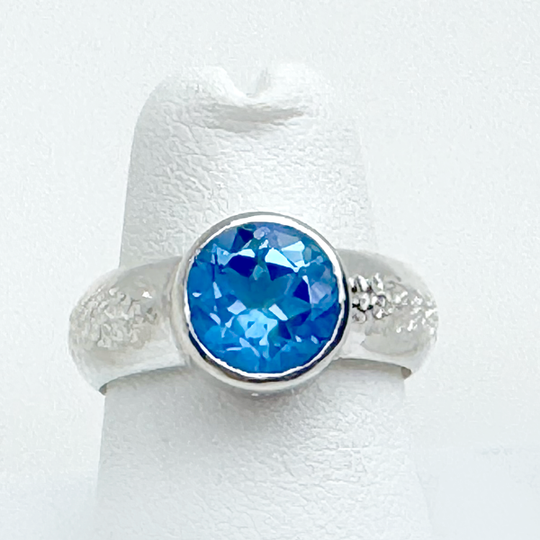 Argentium® Silver 2 Carat Deep Blue Topaz Textured Ring Band | Handmade by California Jewelry Artist Lisa Ramos