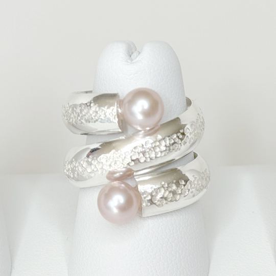 Argentium® Silver Pink Pearl Large Duo Spiral Ring | Handmade by California Jewelry Artist Lisa Ramos