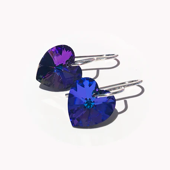 Shimmering Medium Size Crystal Heart Earrings - purple crystals