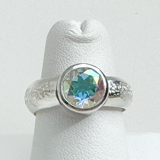 Argentium® Silver 2 Carat Iridescent Topaz Textured Ring Band | Handmade by California Jewelry Artist Lisa Ramos