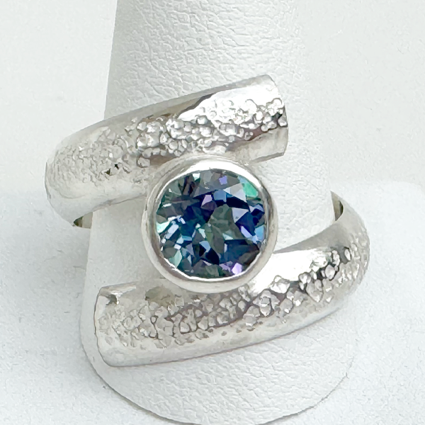 Argentium® Silver 2 Carat Topaz Spiral Textured Ring - Touches of Blue | Handmade by California Jewelry Artist Lisa Ramos