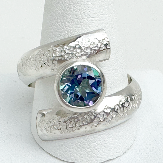 Argentium® Silver 2 Carat Topaz Spiral Textured Ring - Touches of Blue | Handmade by California Jewelry Artist Lisa Ramos