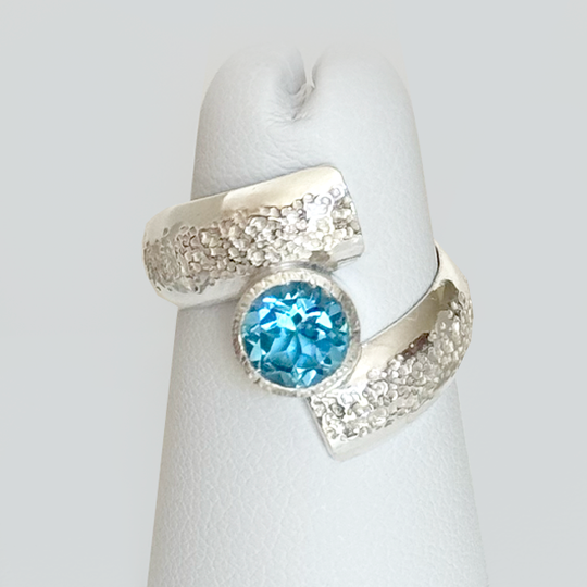 Argentium® Silver 3/4 Carat Blue Topaz Spiral Textured Ring | Handmade by California Jewelry Artist Lisa Ramos