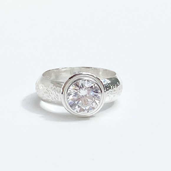Argentium® Silver 2 Carat Simulated Diamond Textured Ring - Classic