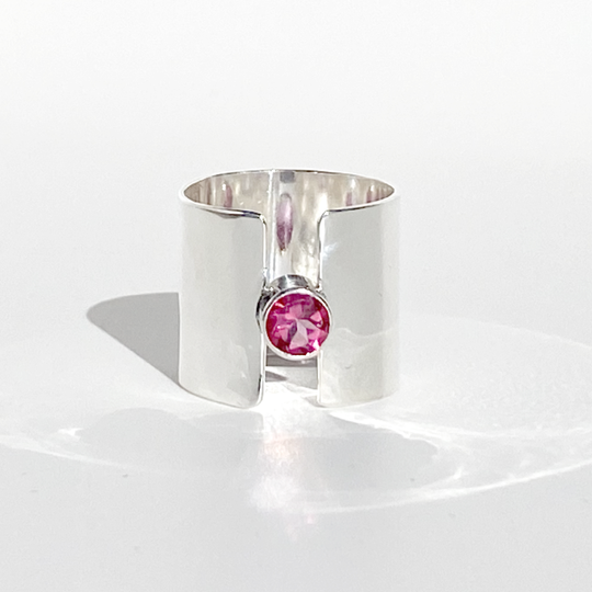 Argentium® Silver Pink Topaz Wide Band Ring - Bold