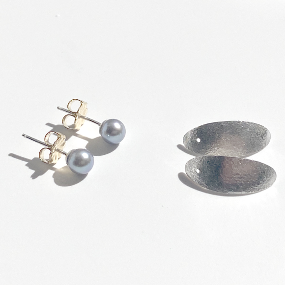 Argentium Silver Silk Texture Earring Set - Earring Jackets with Pearl Studs (wear 3 ways)
