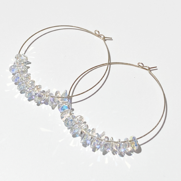 Versatile 14 Karat Gold Textured Large Hoop Crystal Earrings - Crystal Cluster