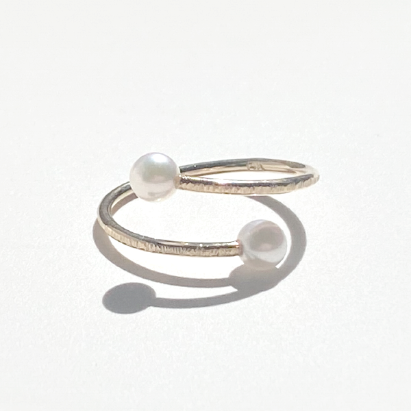 14 Karat Gold Akoya Pearl Textured Ring - Minimal Duo Elegance | Handmade by California Jewelry Artist Lisa Ramos