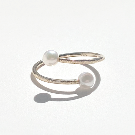 14 Karat Gold Akoya Pearl Textured Ring - Minimal Duo Elegance | Handmade by California Jewelry Artist Lisa Ramos