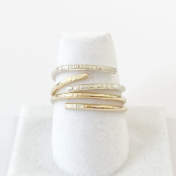 14 Karat Gold and Argentium Silver Textured Ring Set - Modern Minimalist | Handmade by California Jewelry Artist Lisa Ramos