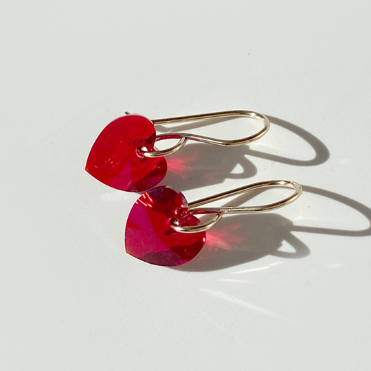 Red Matte Crystal Heart 14k Gold Earrings