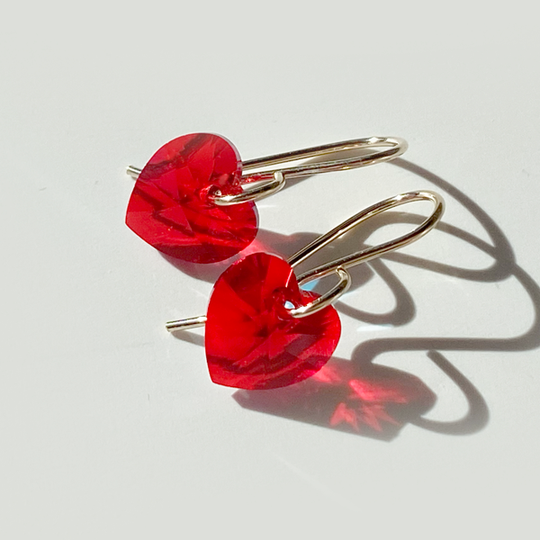 Red Sparkle Crystal Heart 14k Gold Earrings