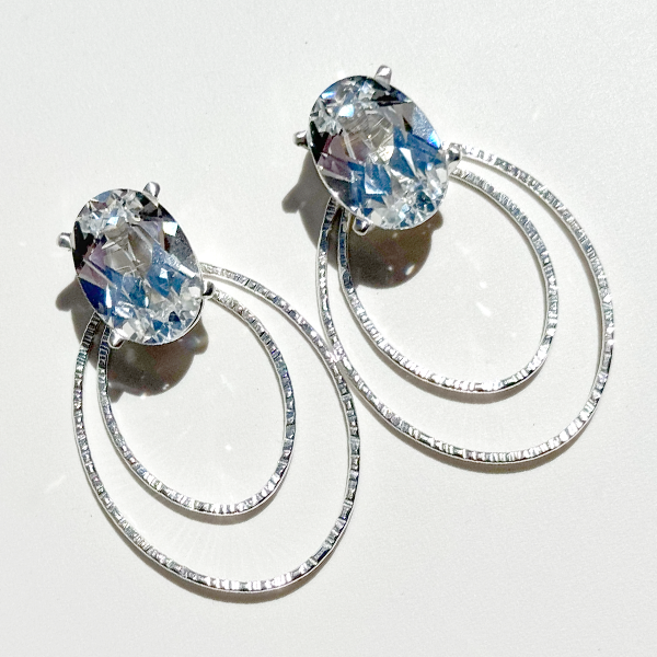 12 Carat Lab-Grown White Sapphire Oval Studs with Argentium® Silver Earring Jacket Set - Lab-grown white sapphire certified by AGTA