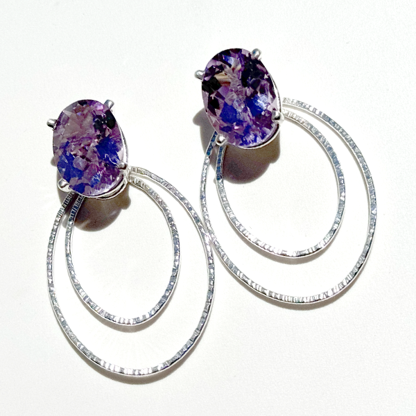 12 Carat Pink Amethyst Oval Studs with Argentium® Silver Earring Jacket Set andmade by California Jewelry Artist Lisa Ramos | Jewelry Made in California | Lab-grown white sapphire certified by AGTA
