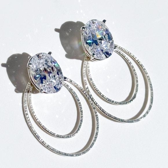 12 Carat Simulated Diamond Oval Studs with Argentium® Silver Earring Jacket Set