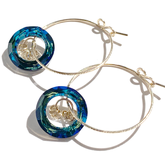 Versatile 14 Karat Gold Textured Blue Iridescent Crystal Hoop Cluster Earrings