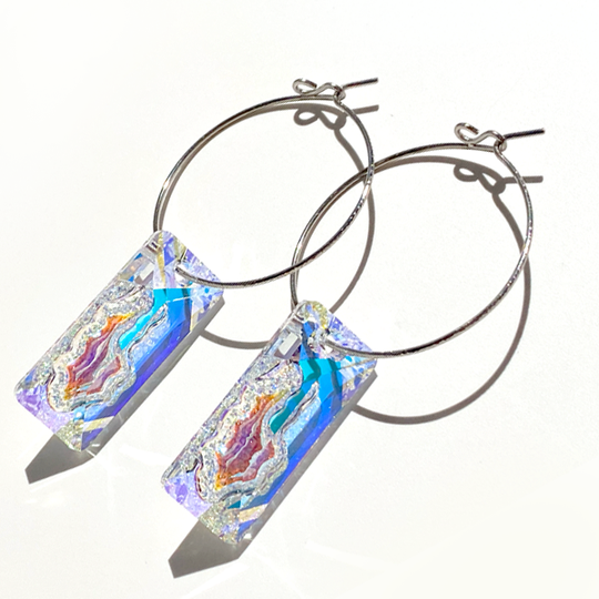 Versatile 14 Karat Palladium White Gold Textured Modern Art Crystal Hoop Earrings | Jewelry Made in California