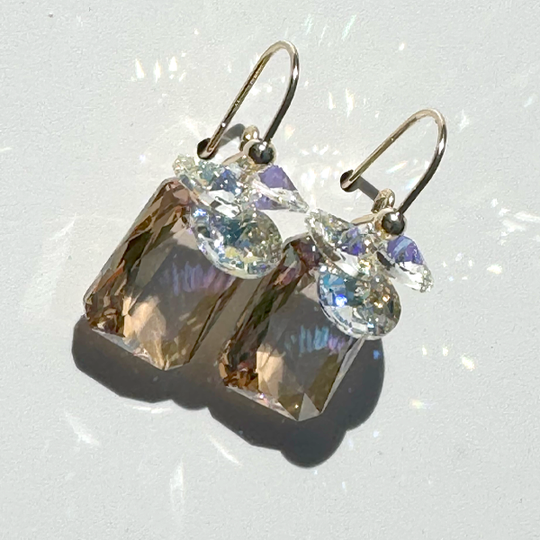 Short Drop Emerald Cut Crystal Custer Earrings - Color Golden