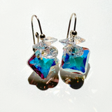 Short Drop Princess Cut Crystal Custer Earrings - Color Iridescent