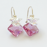 Short Drop Princess Cut Crystal Custer Earrings - Color Pink