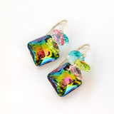 Short Drop Princess Cut Crystal Custer Earrings - Color Rainbow