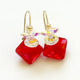 Short Drop Princess Cut Crystal Custer Earrings - Color Red