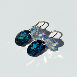 Short Drop Oval Cut Crystal Custer Earrings - Color Blue Iridescent