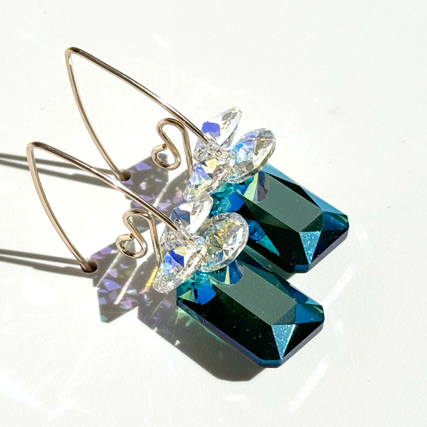 14k Gold Filled Elegant Scroll Emerald Cut Crystal Cluster Earring Collection  - Emerald