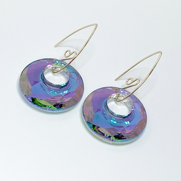 Elegant Long Scroll Design Round Hoop Crystal Earrings in the color purple