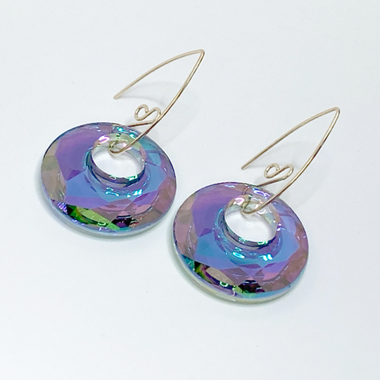 Elegant Long Scroll Design Round Hoop Crystal Earrings in the color purple
