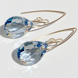 14k Gold Filled Classic Scroll Design Unique Pear Crystal Earrings - Light Blue