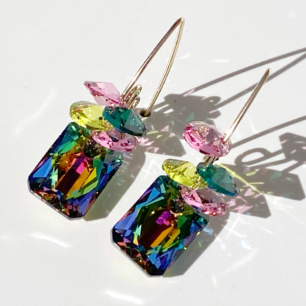 14k Gold Filled Elegant Scroll Emerald Cut Crystal Cluster Earring Collection - rainbow