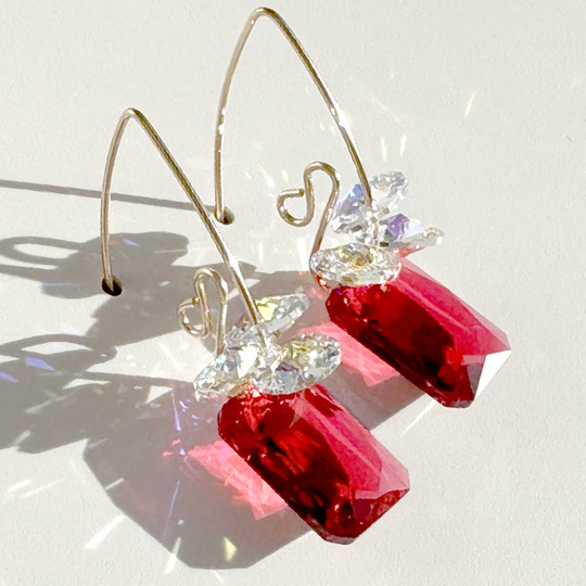 14k Gold Filled Elegant Scroll Emerald Cut Crystal Cluster Earring Collection - red