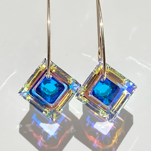 Versatile Large Square Crystal Earring Collection - Gold Filled with Blue Crystals