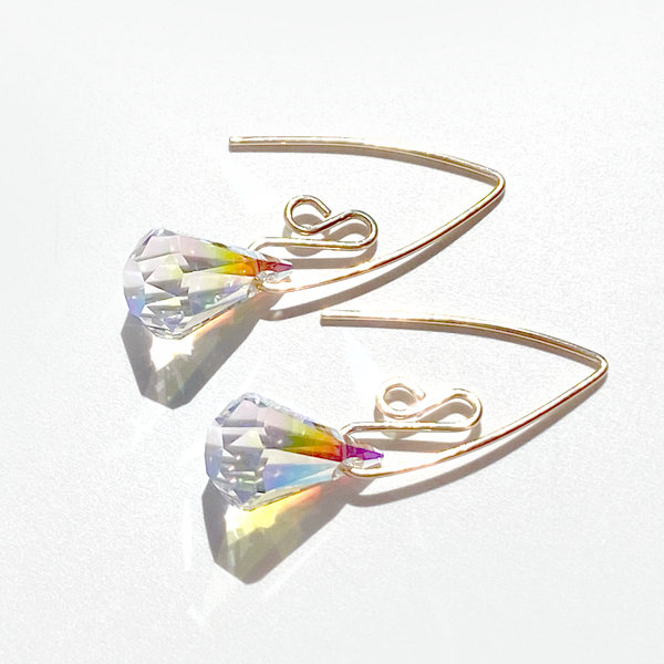 Small Argentium Silver Elegant Scroll Design Teardrop Crystal Earring