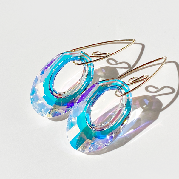 Small Silver Elegant Scroll Design Hoop Crystal Earrings - 14k gold filled