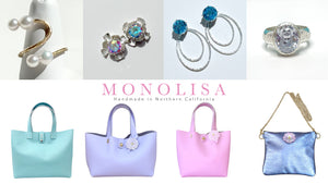 MONOLISA Handmade Handbags and Sculpted Jewelry Collection of 14k Gold Akoya Pearl Ring, Gemstone Earring Jackets, Large Simulated Oval Argentium Silver Ring, Blue Tote Bag with Crystals, Lavender Tote Bag with Painted Flower, Pink Tote Bag with Painted Flower, Metallic Crossbody Bag with Ombre Painted Flower | Handmade  By California Artist Lisa Ramos 