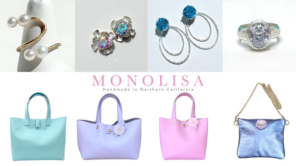 MONOLISA Handmade Handbags and Sculpted Jewelry Collection of 14k Gold Akoya Pearl Ring, Gemstone Earring Jackets, Large Simulated Oval Argentium Silver Ring, Blue Tote Bag with Crystals, Lavender Tote Bag with Painted Flower, Pink Tote Bag with Painted Flower, Metallic Crossbody Bag with Ombre Painted Flower | Handmade  By California Artist Lisa Ramos 