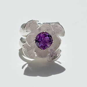 Argentium® Silver 2 Carat Amethyst Flower Textured Ring - Handmade by California Artist Lisa Ramos