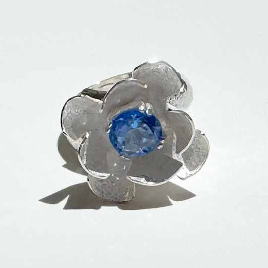 Argentium® Silver 2 Carat Blue Topaz Flower Textured Ring | Handmade by California Jewelry Artist Lisa Ramos