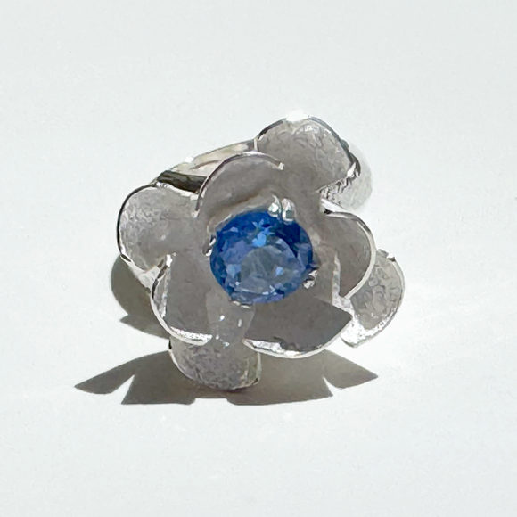 Argentium® Silver 2 Carat Blue Topaz Flower Textured Ring | Handmade by California Jewelry Artist Lisa Ramos