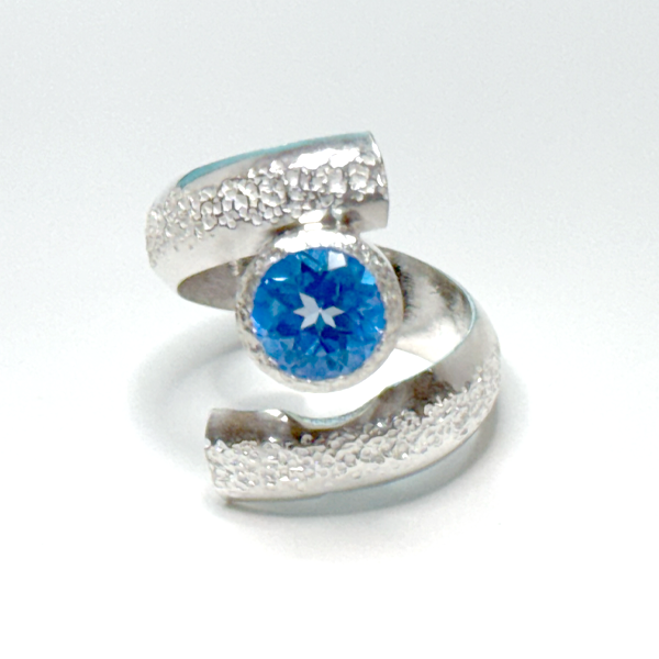 Argentium® Silver 2 Carat Dark Blue Topaz Spiral Textured Ring - Puzzled | Handmade by California Jewelry Artist Lisa Ramos