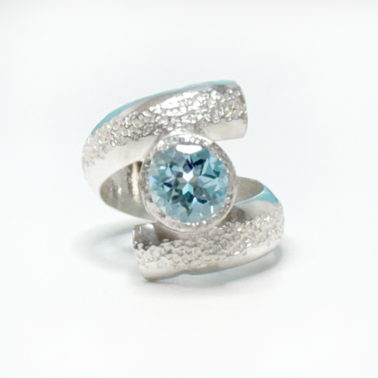 Argentium® Silver 2 Carat Light Blue Topaz Spiral Textured Ring | Handmade by California Jewelry Artist Lisa Ramos
