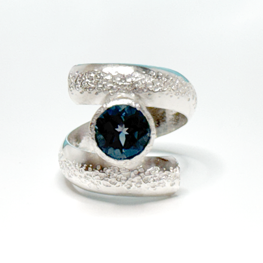 Argentium® Silver 2 Carat London Blue Topaz Spiral Textured Ring | Handmade by California Jewelry Artist Lisa Ramos