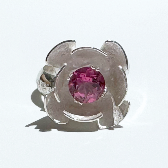Argentium® Silver 2 Carat Pink Topaz Flower Textured Ring | Handmade by California Jewelry Artist Lisa Ramos