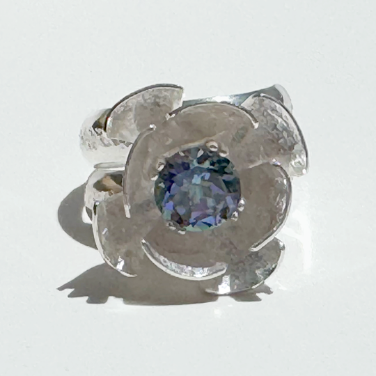 Argentium Silver 2 Carat Purple Blue Topaz Flower Textured Ring | Handmade by California Jewelry Artist Lisa Ramos