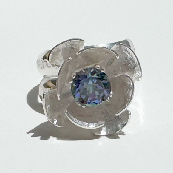 Argentium Silver 2 Carat Purple Blue Topaz Flower Textured Ring | Handmade by California Jewelry Artist Lisa Ramos